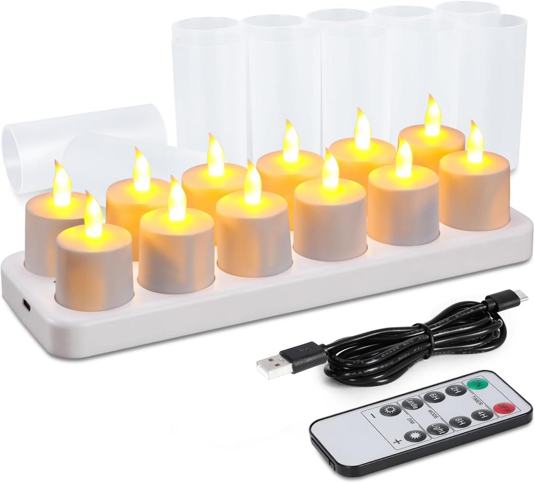 WoneNice 12 pcs USB Rechargeable Flameless Candles with Remote & Timer, LED Tea Lights for Wedding Christmas Lanterns Emergency Home Decor