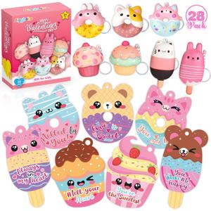 Aigybobo Valentines Day Cards for Kids Classroom, Valentines Gifts Cards with Dessert Squishy Toys Keychains, Kids School Class Valentines, Classroom Exchange Prizes & Party Favors for Boys Girls