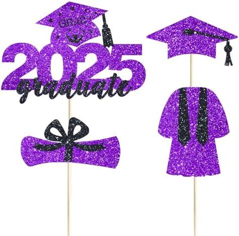 2025 Graduate Cake Topper Purple Glitter Congrats Grad Cake Topper Class of 2025 Cake Decor for 2025 Senior High School/College/University Happy 2025 Graduation Party Supplies Decorations, Pack of 4