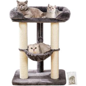Happi N Pets 28" Cat Tree Tower for Indoor Cats, Tall Cat Scratching Post with Large Bed for Maine Coon Big Cats, Sisal Cat Scratcher with Soft Perch & Hammock, Stable Cat Stand, Removable Cover-Gray