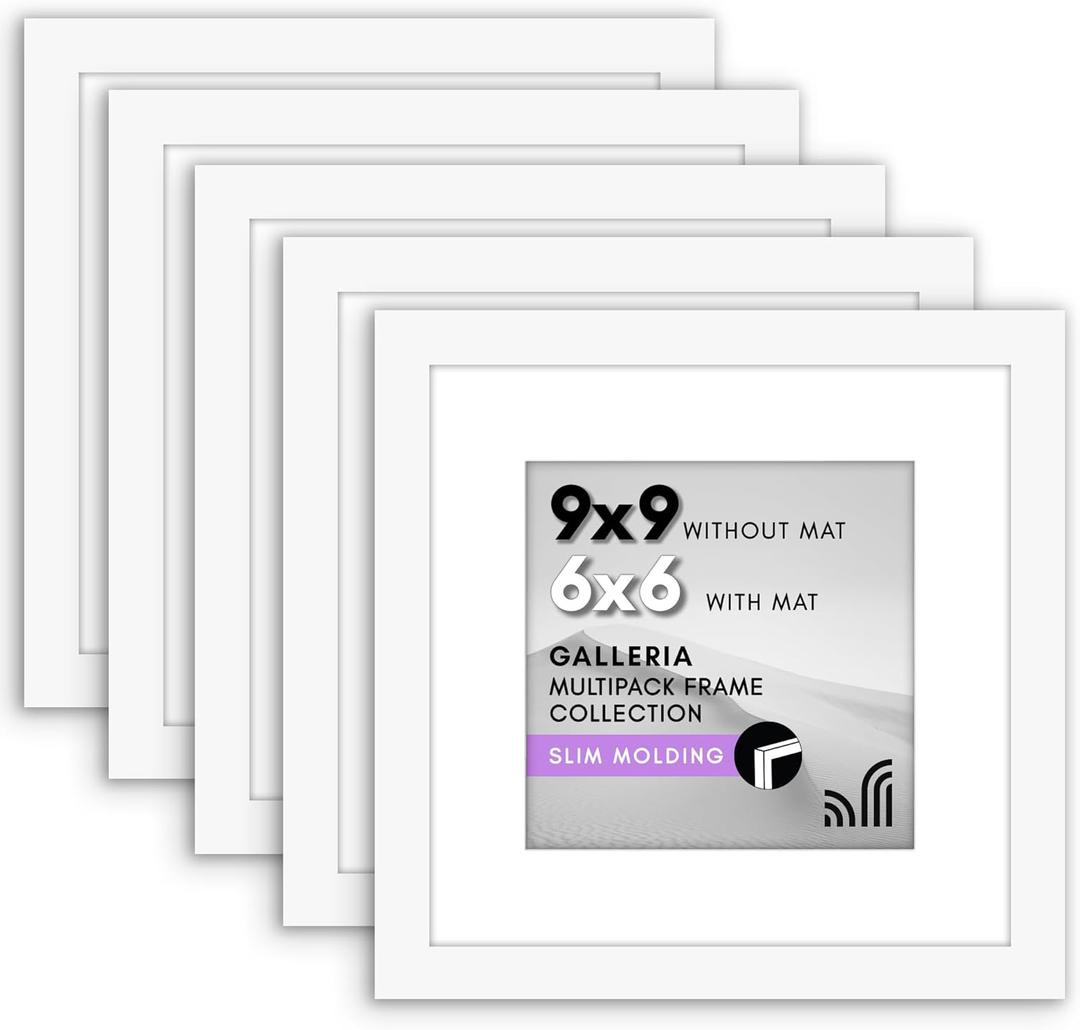 Americanflat 9x9 Picture Frame with Polished Plexiglass - Set of 5 - Use as 6x6 Frame with Mat or Display 9x9 Photo Without Mat - Galleria Collection - Square Frames for Tabletop and Wall - White