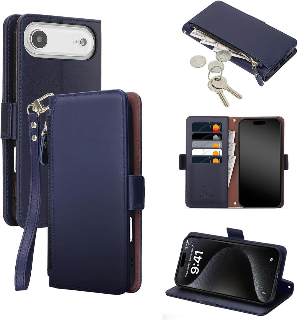COBEAR for iPhone 17 Air Case Wallet, Pu Leather Flip Phone Case with Wrist Strap, Zipper Pocket, Kickstand, Women Men Phone Wallet Case with Card Holder for iPhone 17 Air, Blue