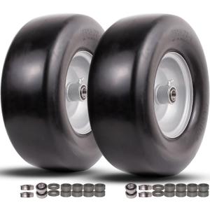 13x5.00-6 Flat Free Tire and Wheel,Front Zero-Turn Smooth Tire Assembly Replacement for Riding Lawn Mower Garden Tractor,with 3/4" & 5/8" Precision bearings,3.25"- 5.9" Center Hub (2 Pack)