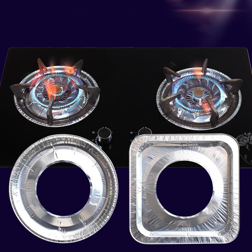 50 Pack Disposable Gas Stove Burner Liners, 8.5 x 8.5 Inches, Aluminum Foil Square Stove Covers, Range Protectors, Stove Top Foil Covers for Gas Burners, Catch Food Spills (Rotundity)