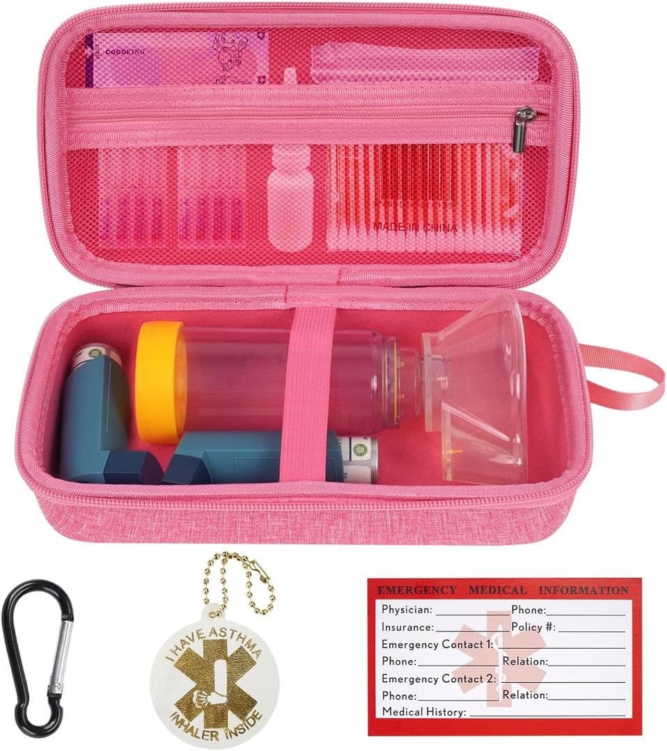 MGZNMTY Travel Carrying Case Compatible with Asthma Inhaler Spacer for Adults and Children, Masks, Inhaler Holder with Asthma Alert Tag and Medical Card, Carabiner (Only Case) (Pink)