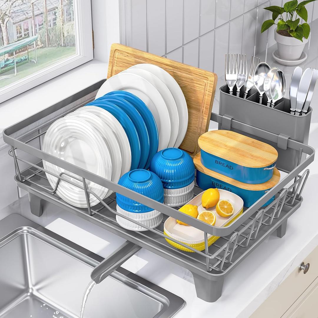 Dish Drying Rack for Kitchen Counter, Sink Dish Rack with Drainboard, Large Dish Drainer with Cups Holder, Home Countertop Plate Dryer Storage Rack with Cutlery Holder, Gray