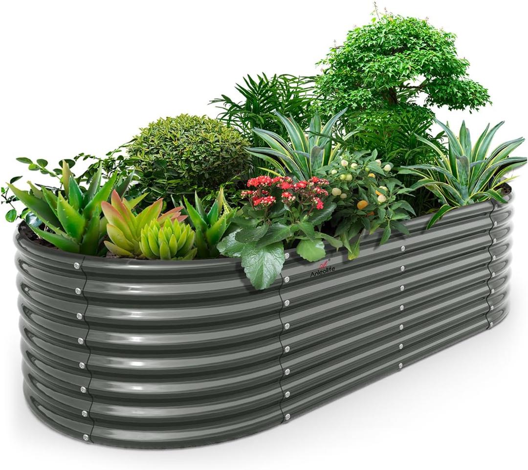 A ANLEOLIFE 8x4x2ft Galvanized Raised Garden Bed Kit, Oval Metal Deep Root Planters for Outdoor Plants Vegetables Flowers Herb, Large Bottomless, 478 Gallon Capacity- Quartz Grey, 96x48x24'' Tall