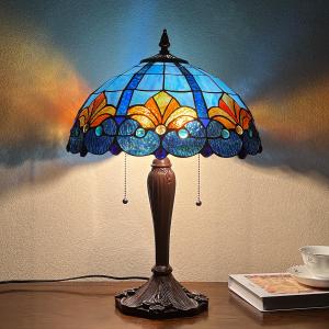 Tiffany Table Lamp 16" Blue Large Stained Glass Desk Reading Light | 2-Lights Handcrafts Antique Style Nightstand Bedside Lamp For Living Room Bedroom Study Office W16" x H23"