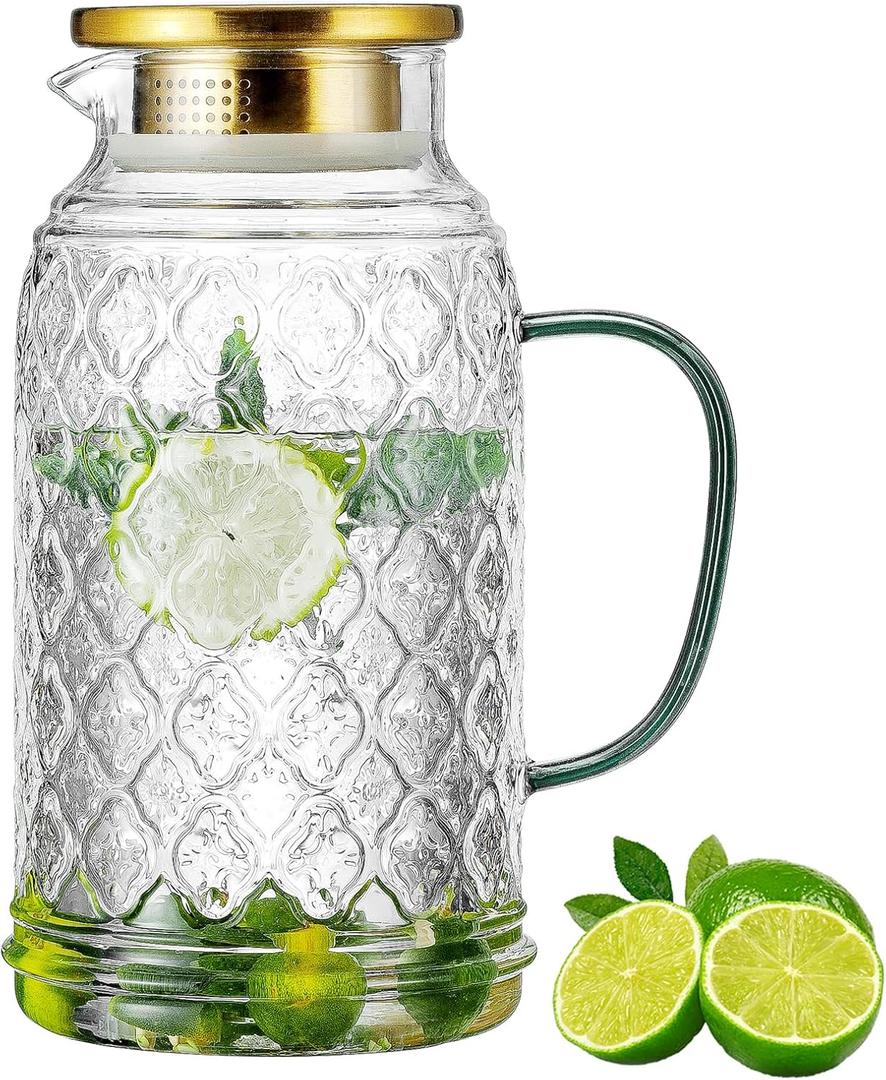 Buaic Glass Pitcher with Lid, 1 PACK 68 oz/2 Liter Vintage Water Pitcher, Clear Borosilicate Glass Water Carafe for Cold Brew, Coffee, Lemonade, Iced Sun Tea,Beverage, Milk, Heat Resistant