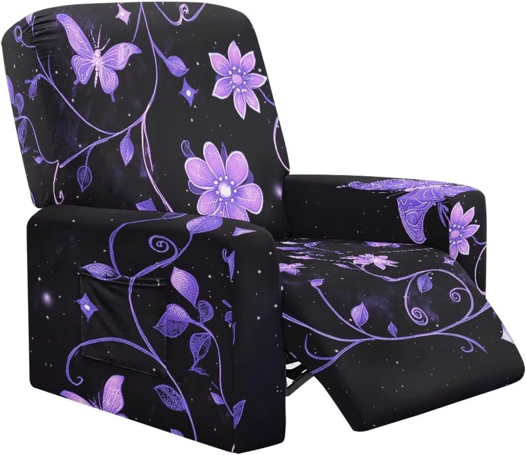 NETILGEN Stretchy Recliner Chair Cover Purple Floral Butterfly Lazyboy Recliner Cover Soft Comfortbale Reclining Chair Slipcover Furniture Protector for Living Room