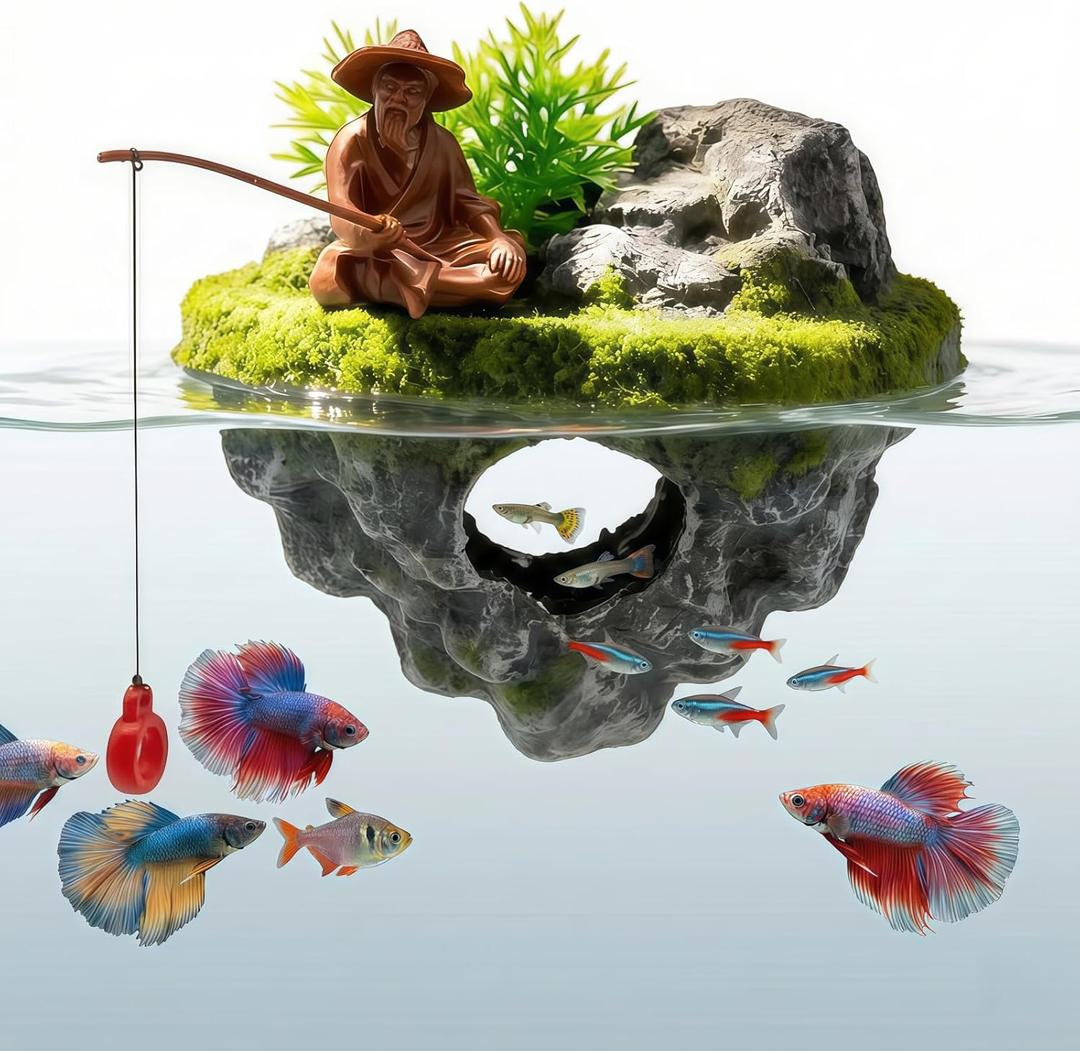 Aquarium Floating Island Decoration with Interactive Fish Feeding Hook,Fish Tank Decorations for Betta,Guppy & Shrimp,Safe ABS Material Floating Fish Tank Decorations,3D Old Man