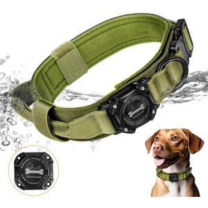 Dog Collar with Airtag Holder, Airtag Dog Collar IP68 Waterproof with Control Handle and Metal Buckle, Military Tactical Air Tag Dog Collar Holder for Medium Large Dogs(Green, L) (L(16.5in-20.5in))