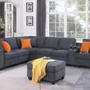 YOPTO 127" Modular Sectional Sofa with Movable Ottoman&Nailhead Trim Armrest,L-Shape Convertible Couch W/Cup Holder,USB Port&Hidden Storage Box,7 Seat Chenille Sectionals,6 Pillow,for Living Room,Gray