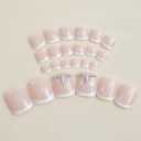 French Tip Press On Toenails - Square, Rhinestone, Glue On, Nude, Short, False, Full Cover, Glossy Acrylic - 24Pcs