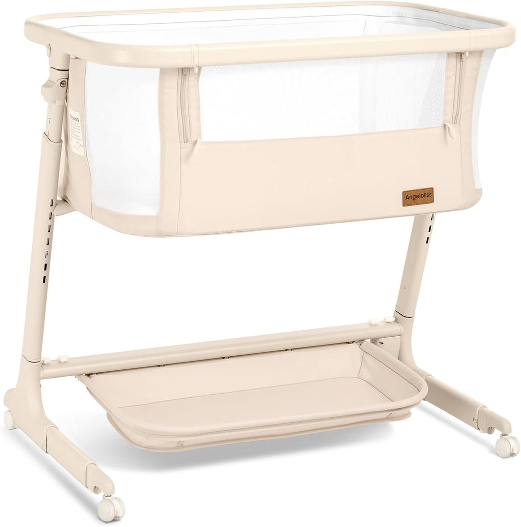 Electric Baby Bassinet Bedside Sleeper with Auto Rocking, Remote/Touch Control, 3 Timer Modes, 12 Sounds, 6 Heights, Storage & Wheels (Beige)