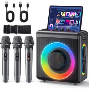 Karaoke Machine with 3 Wireless Rechargeable Microphones: Portable Bluetooth Speaker for Adults & Kids - PA System with Lights Supports TWS/TF Card/USB/AUX for Home Party