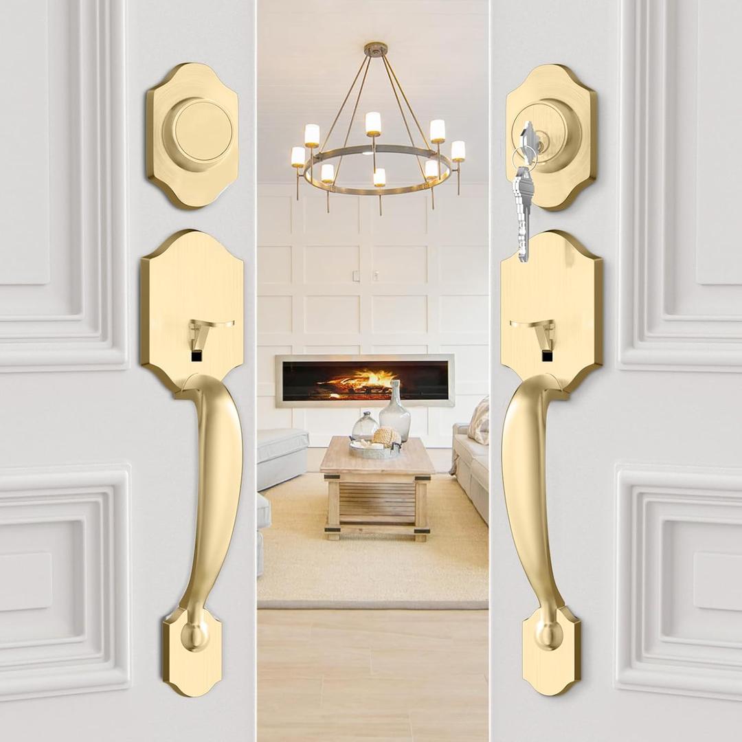 goldenwarm Double Front Door Lock Set, Gold Double Door Handlewith Dummy, Double Classic Front Door Hardware Set with Reversible Wave Handle Lever, Double Entry Door Lock Set