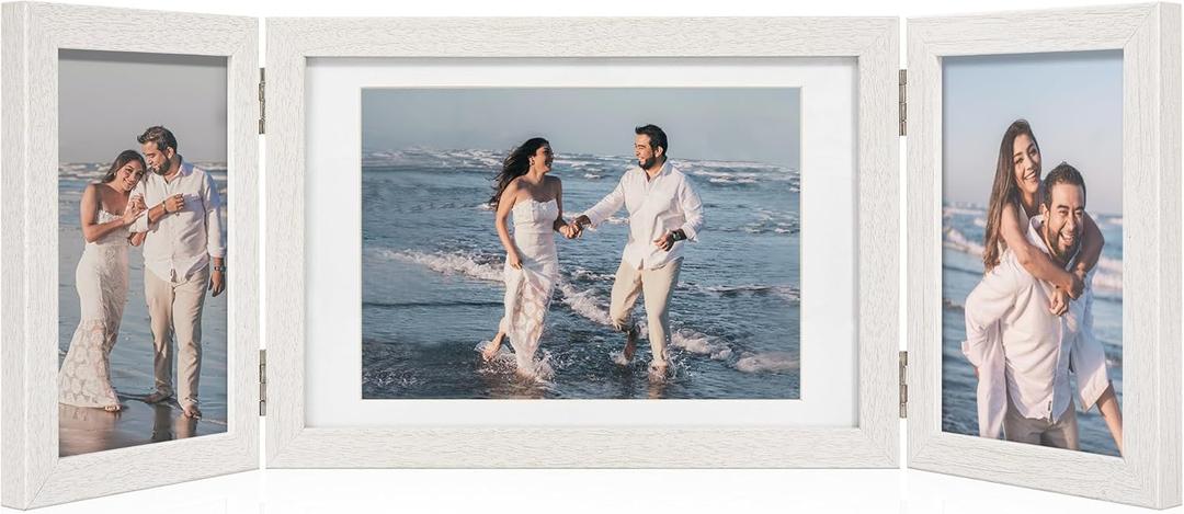 Afuly 3 Picture Frame 5x7 4x6 Triple Hinged Picture Frames White Folding Photo Frames Collage 3 Opening for Tabletop Desk Display Unique Gifts for Christmas Women Mom Couple Family, 2 * 4x6+1 * 5x7