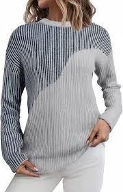 Sidefeel Womens Sweaters Long Sleeve Crewneck Striped Color Block Trendy Fall Clothes Casual Loose Knit Tops Gray Large