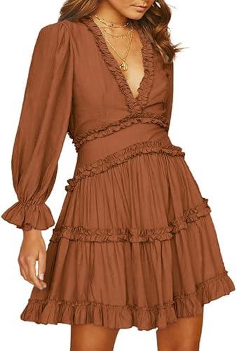 Dokotoo Womens Cute Summer Spring Casual Sexy Deep V Neck Ruffle Chiffon Lantern Long Sleeve Elegant Boho Hawaiian Flowy Mini Short Skirt Dresses for Women Party 2024 (Brown, Medium)