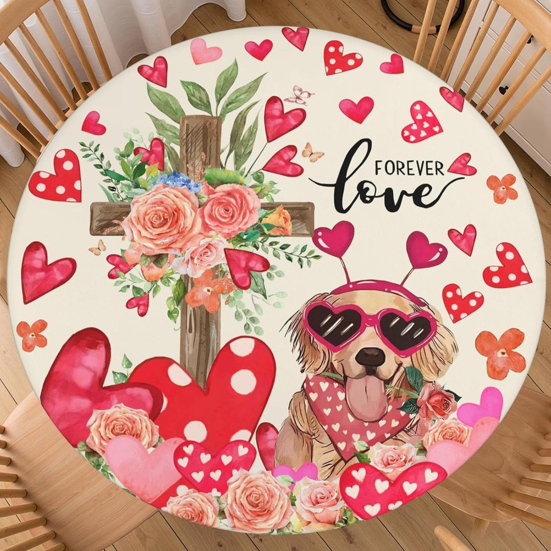 Valentines Day Cute Dog Round Tablecloth Fitted Best for 40"-44" Pink Floral Table Cloth Elastic Edge Water-Resistant Washable Love Heart Decoration Table Cover for Party Picnic Indoor Decor