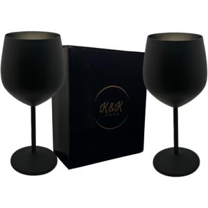 K&K Home Black Matte Stainless Steel Unbreakable Black Wine Glasses - 18 oz - Set of 2 Colored, Stemmed Metal Wine Glasses Perfect for Outdoors, Weddings, and Parties