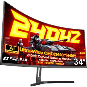 SANSUI 34 Inch 240Hz Ultrawide Curved Gaming Monitor UWQHD 34401440, 21:9 2K Curved Monitor 1500R,HDR400,Fast VA, PIP/PBP,AI Crosshair,AIPQ(Visual Enhance),MPRT 1ms,HDMI2.1 * 2,DP1.4 * 2