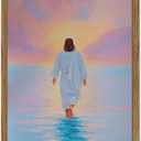 Pink Jesus Walking On Water Wall Art Painting Pink Christian Girl Wall Decor 3D Textured Sandstone Religious Artwork for Living Prayer Room Bedroom 12x16 inch Wood Framed