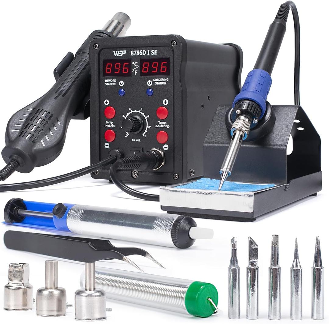 WEP 8786DI SE Hot Air Soldering Iron Station Kit 2IN1 for Rework, Desoldering with LeadFree Solder Wire, 5 Soldering Tips, 3 Hot Air Nozzles,Tweezers, Desoldering Pump