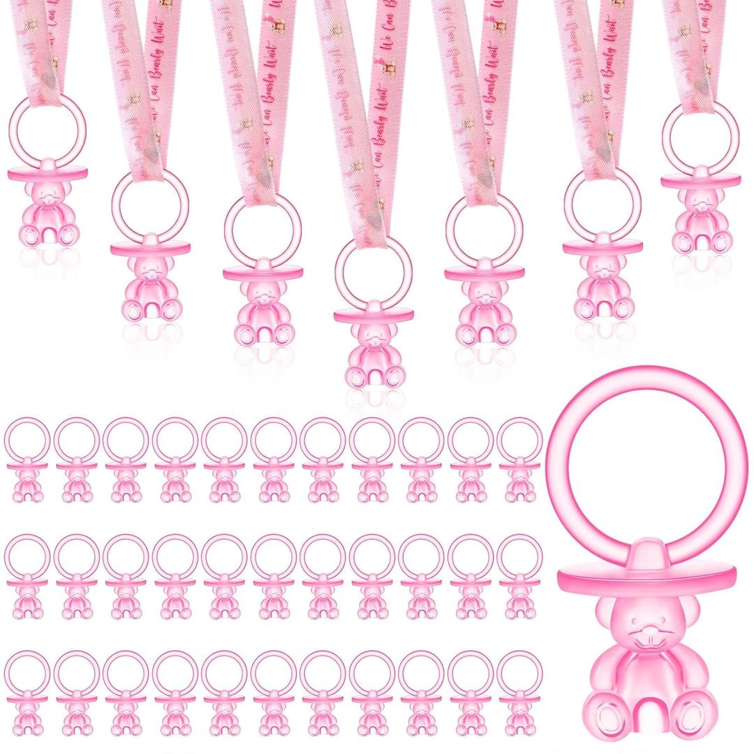 50 Pcs Green Leaf Baby Pacifiers Baby Shower Acrylic Pacifiers Necklace Boy Pacifier Bulk Nipples for Shower Game Ribbon Necklace for Party Favors Prize Decorations(Pink)