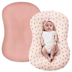 FUNUPUP Muslin Baby Lounger Cover Compatible with Snuggle Me Lounger, Infant Lounger Pillow Cover for Newborn, Removable Newborn Lounger Cover for Boys and Girls, Pink and Pink Flower