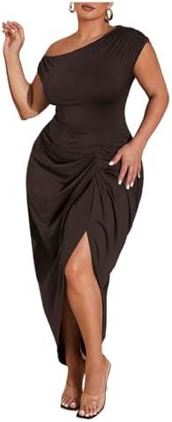 Floerns Women's Plus Size Asymmetrical Neck Long Dress Ruched Slit Hem Cocktail Dress, 2XL