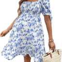 MakeMeChic Women's Maternity Dress Summer Beach Sundress Floral Puff Sleeve Baby Shower Dress (L)