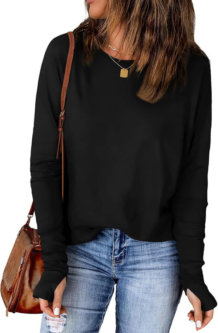 OFEEFAN Long Sleeve Shirts for Women Tunic Tops Thumb Hole Oversized Tshirts Fall Outfits (XX-Large, Black)