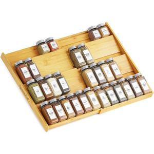 SpaceAid Bamboo Spice Drawer Organizer, (Need 3" Deep Drawer) Expandable 4 Tier Spices Rack for Cabinet, Kitchen Seasoning Storage Insert (Jars Not Included, From 12" to 23" Wide) (Natural)