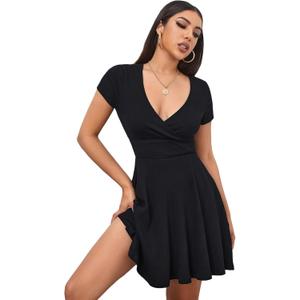 Verdusa Women's Surplice Neck Short Sleeve Mini Wrap A Line Fit and Flare Dress, Large