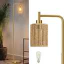 Oneach 66" Gold Floor Lamp for Living Room, Boho Floor Lamp with LED Bulb, Foot Switch, Rattan Shade, Industrial Tall Farmhouse Standing Lamp for Bedroom, Dining Room, Study Room, Office