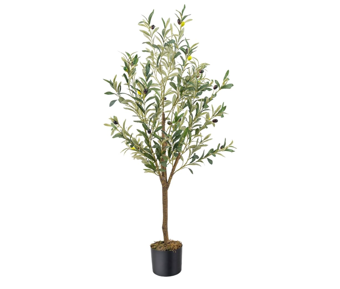 Artificial Fake Olive Tree 4FT Tall 1Pack Faux Silk Olive Tree for Home Living Room Office Decor Faux Artificial Plants Indoor Fake Potted Plants with Fruit & Free Moss