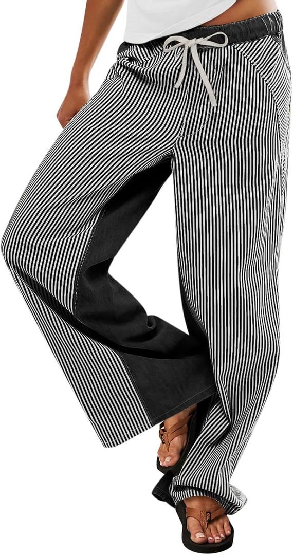 ONLYSTORY Women Striped Low Rise Pants Boho Wide Leg Pant Trendy Fun Patchwork Draw String Pull On Jeans (Black, S)
