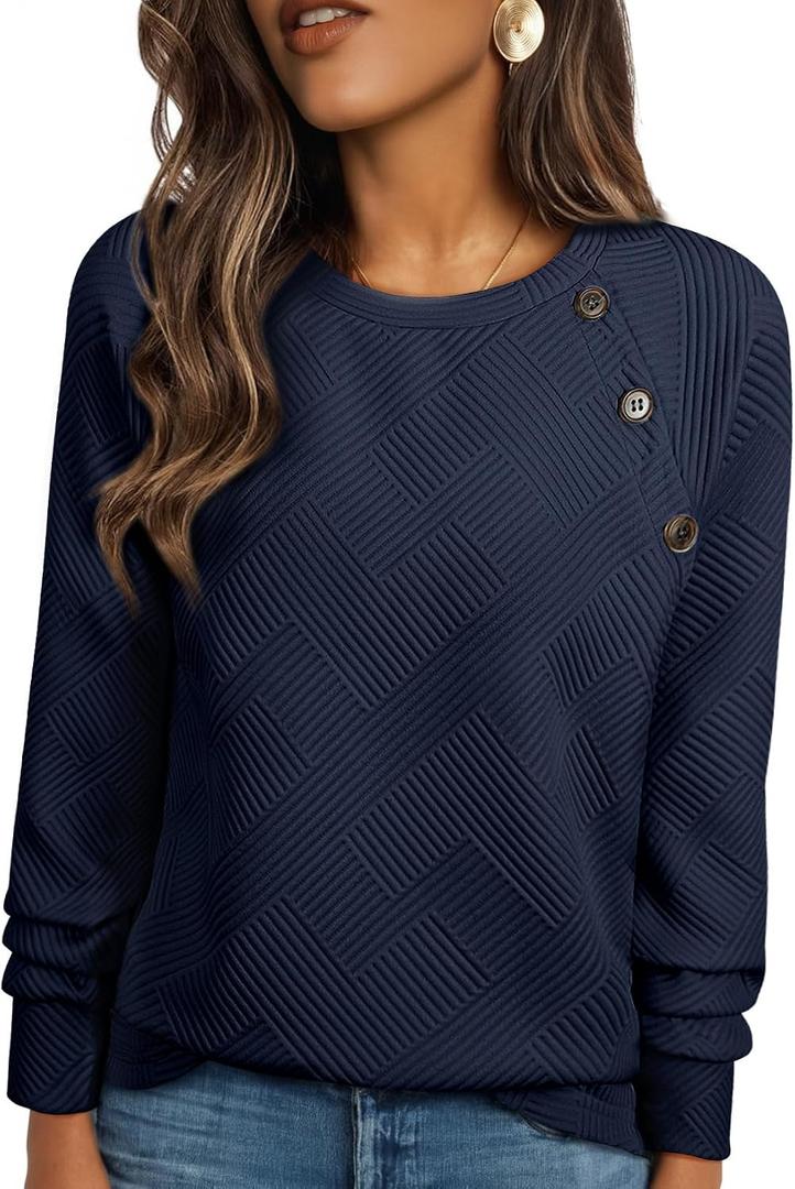 BLENCOT Crewneck Sweatshirt Long Sleeve Pullover Textured Fall Blouse Comfy | Button Business Casual Winter Blouse Loose Fit Oversized Shirts Outfits For Women Comfy Workout Tops Raglan Trendy Cozy Solid (M)