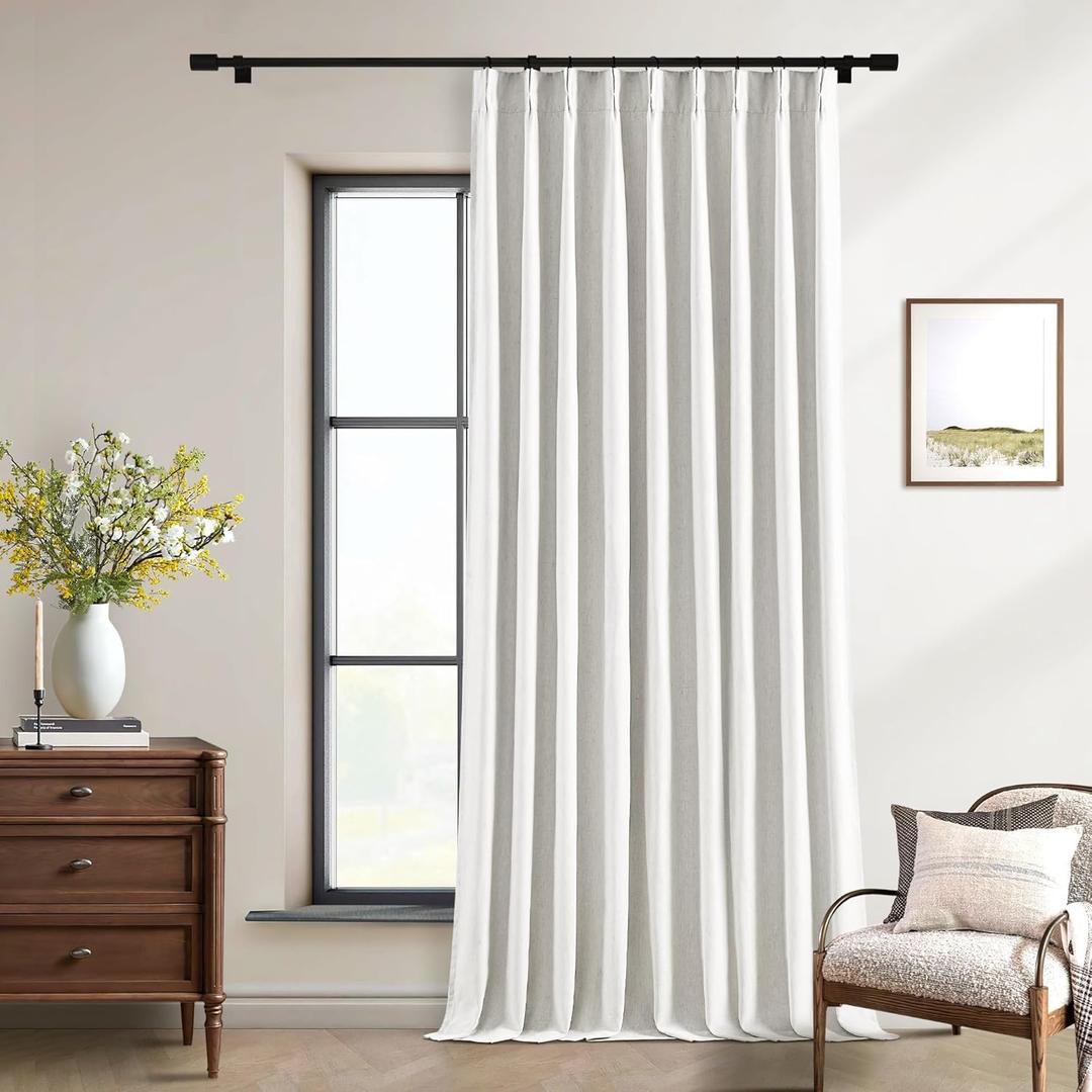 120 Inch 100% Blackout Linen Pleated Curtains 60 Inch Wide for Living Room Pinch Pleat Back Tab Black Out Drapes Memory Shape Heat Reducing Window Curtains for Bedroom 60x120 Beige White 1 Panel