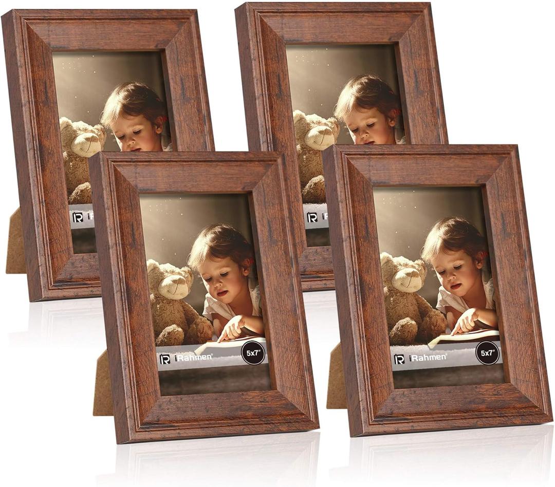 iRahmen 5x7 Picture Frame Set of 4, Brown Rustic Retro Photo Frame with Real Glass, 5 x 7 Frames for Wall Mount and Tabletop Display