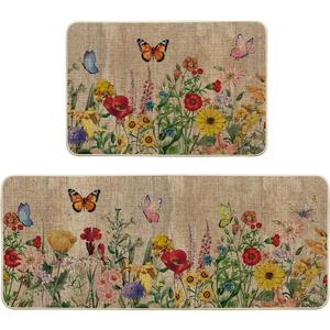 Artoid Mode Wood Flowers Butterfly Spring Kitchen Mats Set of 2, Seasonal Home Decor Leaves Low-Profile Kitchen Rugs for Floor - 24x35 and 24x59 Inch
