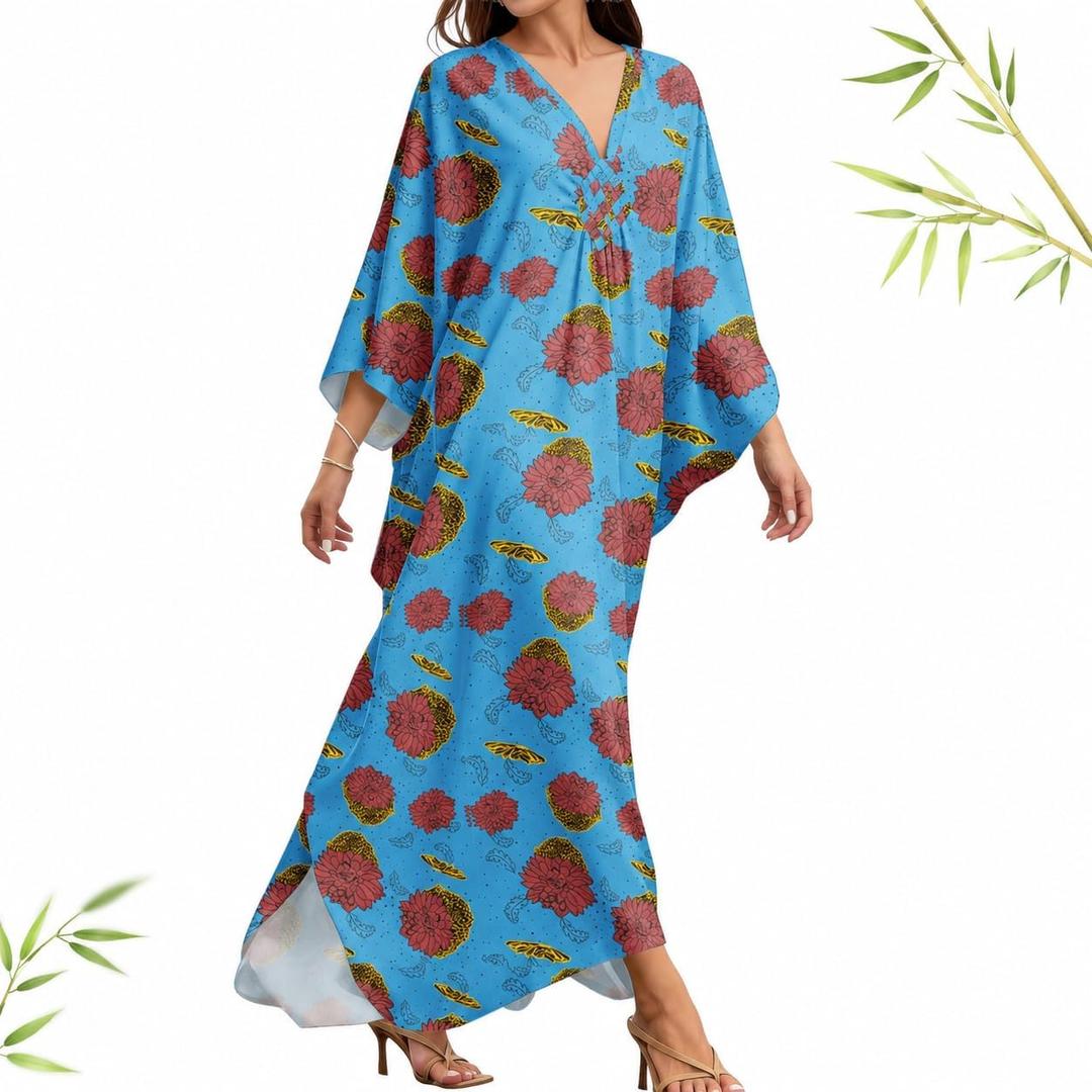 MAKABO Women's Bamboo Viscose Kaftan V Neck Muumuu Summer Maxi Caftan Dress (Blue)