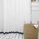 Embroidered Scalloped Cotton Shower Curtain Linen Textured with 12 Metal Hooks, 72 x 72 Inch Washable Waterproof Cloth Shower Curtains with Navy Blue Border for Bathroom Hotel Bathtub