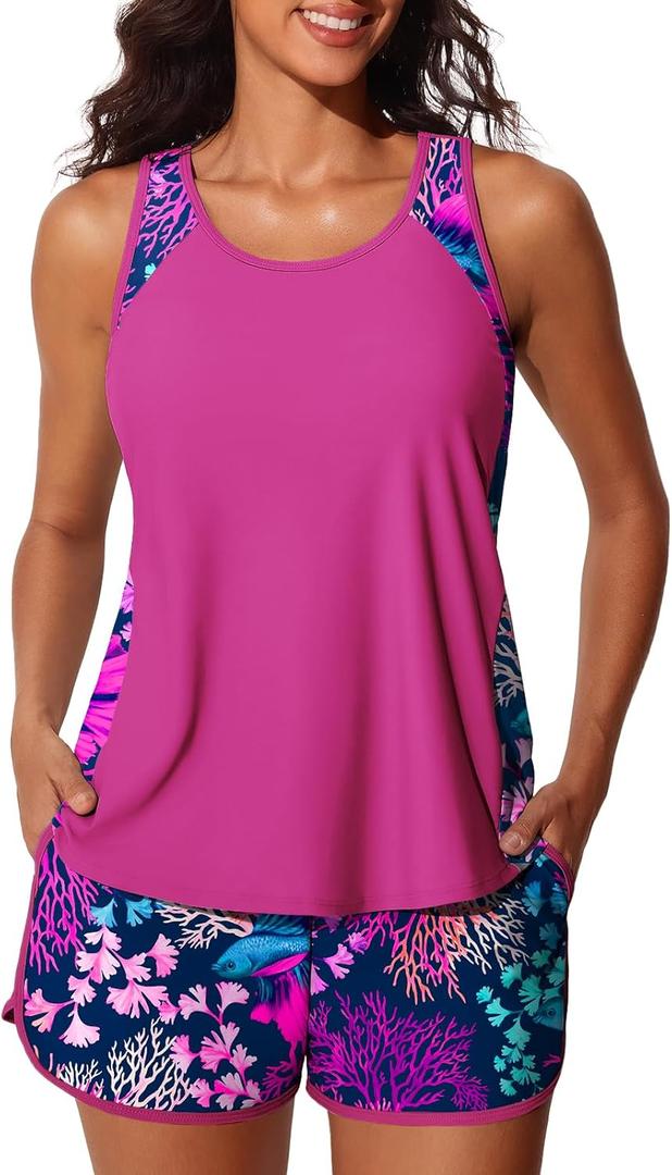 Summer Mae Blouson Tankini Swimsuits for Women 2026 Tummy Control Two Piece Bathing Suits with Sporty Pockets Swim Shorts, Size: 18 Plus