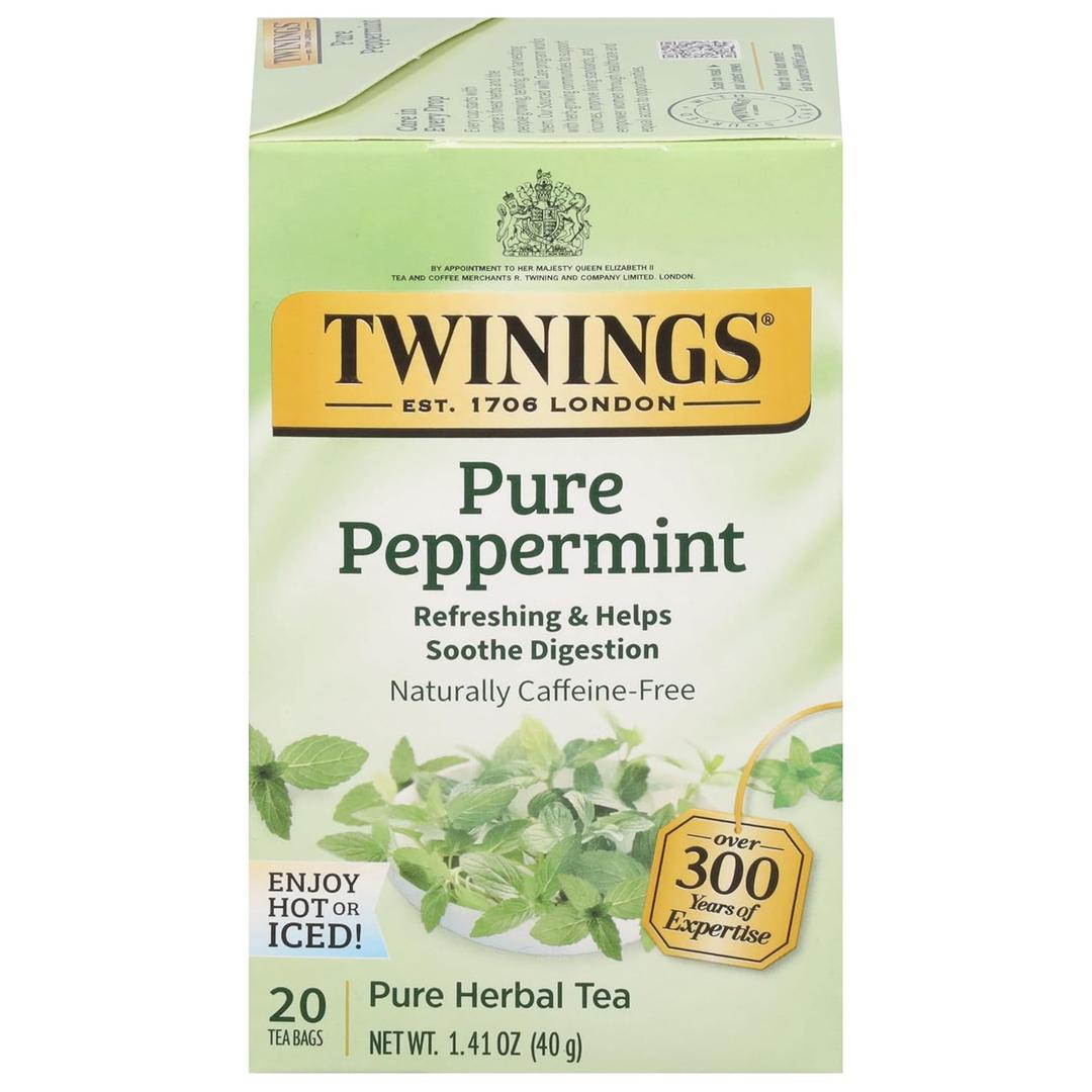 Twinings Pure Peppermint Herbal Tea Individually Wrapped Bags, 20 Count (Pack of 1), Fresh Minty Flavour, Naturally Caffeine-Free, Enjoy Hot or Iced, 20 Teabags, BBD 12/08/2028