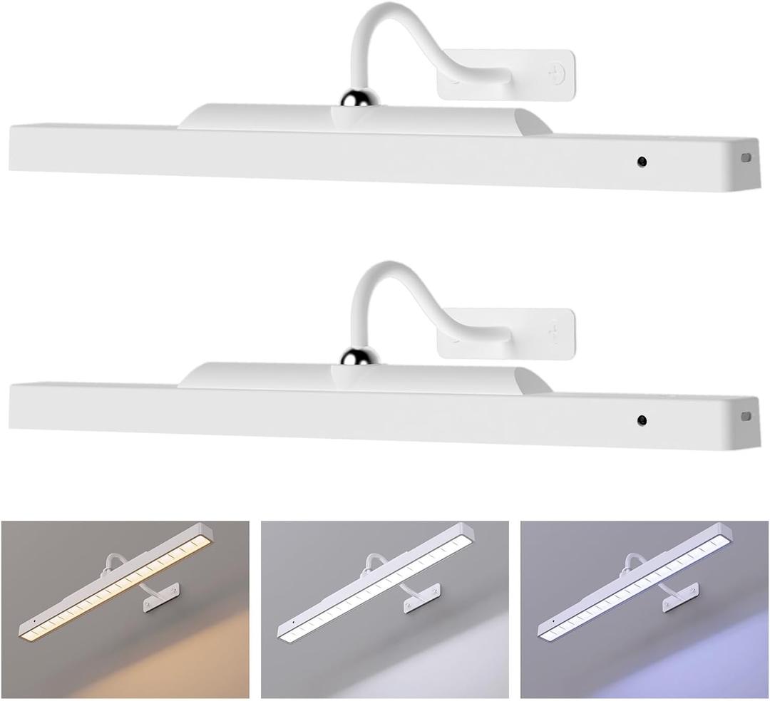 Cordless White Picture Lights for Wall Artworks - Wireless Remote, 3 Modes Dimmable 350LM Above Frame Lighting, 5000mAh Rechargeable Battery Wall Mount for Photo, Gallery,Paintings,Dartboard(2-Pack)