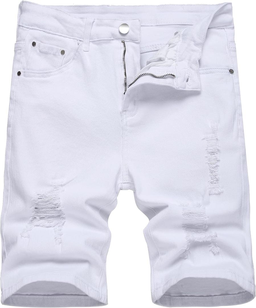 JUNBAOSS Men’s Comfort Flex Waistband Jean Short Mens Patchwork Denim Shorts Mid Rise Stretchy Patchwork Jeans Shorts Casual Denim Shorts Streetwear Men Casual Denim Shorts, White 8012, Size 38