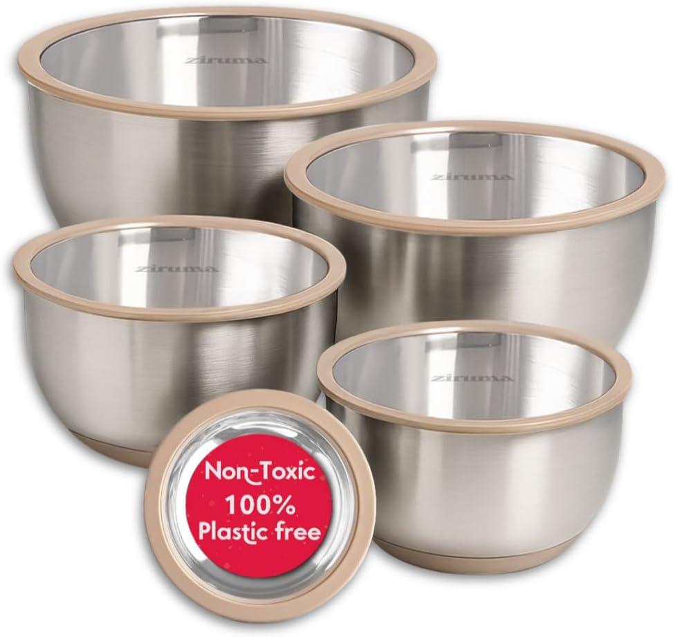 Ziruma Non-Toxic Mixing Bowls with Lids Set, Stainless Steel & Glass, 5 Pcs Plastic Free Bowls with Silicone Non-Slip Base, Dishwasher Safe Mixing Bowl Set